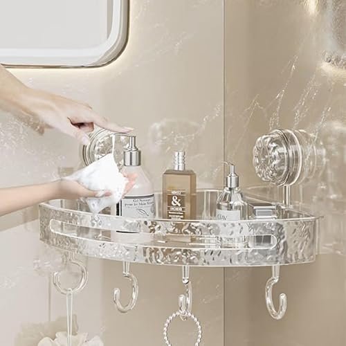 KITCHZO Self Adhesive Bathroom Corner Shelf No Drill Shower Organizer with Suction Cups, Transparent Acrylic Wall Mounted Shampoo Holder with Hooks Heavy Duty Bath Storage Rack for Tile Glass