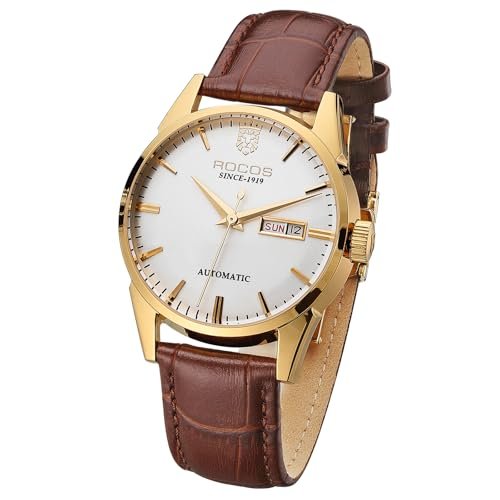 ROCOSJEWE Luxury Automatic Men’s Watch – Gold Case, Brown Leather Strap, 40mm Dial, Waterproof Analog Watch with Week & Date Display – Business Mechanical Watch for Men RW0101 Pror