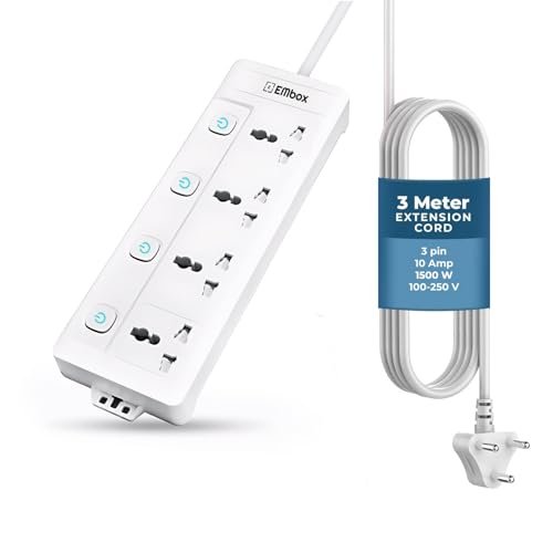 EMBOX Extension Board with Switches 1500 W, 4 Universal Sockets, Individual Switch, Safety Shutter, 6 amp Spike Guard, LED Indicator and Safety Shutter (4 Socket + 4 Switch – 3 Meter, 3 Meter)