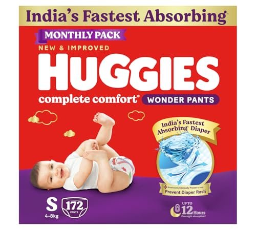 Huggies Complete Comfort Wonder Pants | Pant Style Baby Diapers Small Size (S), 172 Count | India’s Fastest Absorbing Diaper, Prevents Diaper Rash, Ideal for 4 to 8 Kgs (86 Count, Pack of 2)