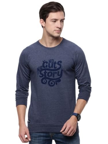 Macroman M-Series Smartz Basics Printed Round Neck Full Sleeve Sweatshirt for Men, Cotton Blend, Denim Melange, Pack of 1