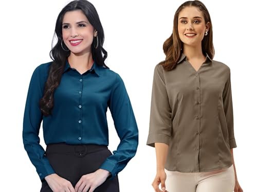 Noble Monk Women (Combo Pack of 2) -Regular Fit Solid Spread |Women Formal Shirts for Office Wear