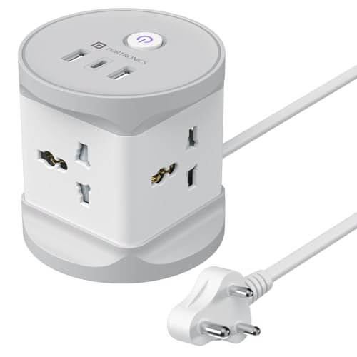 Portronics Power Plate 9 Pro, 2500W 7-in-1 Desktop Charging Station with 4X Universal Sockets, 12W USB-A & Type-C Ports, Space-Saving Power Extender, 2M Cord, Power Switch, Child Proof Shutters