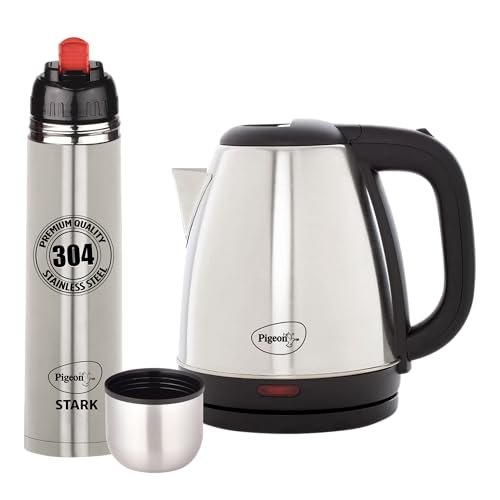 Pigeon 1.5 L Kettle With 1000 ml Stark Flask (Pack of 2, Silver, Steel)