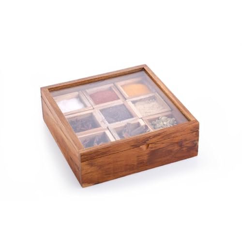 Crystal Teak wood Table Top Masala Dabba/Spice Box | Spice Box with 9 compartments/sections | Handcrafted wooden Box | Non Removable Partitions, Brown