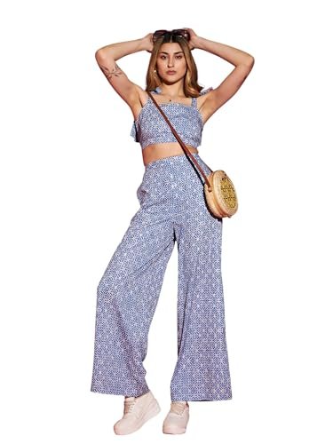 Blue Mughal Print Crop Top With Straight Pants