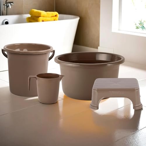 Kuber Industries Set of 4 Bathroom Combo Set | Bathing Set | Bathware Set | Tub-Bucket-Mug & Stool Combo Set for Bathroom | Modern Bathroom Accessories Set | Brown
