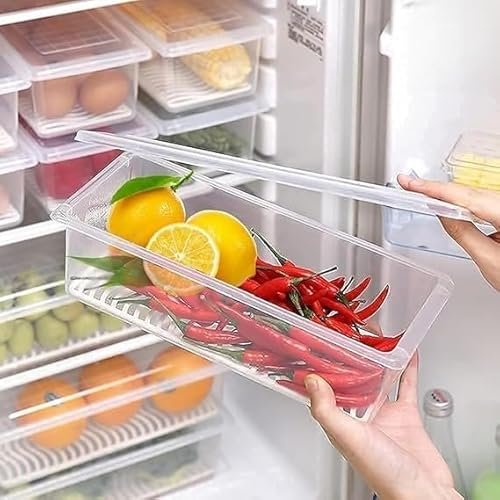 SR Brand Fridge Storage Boxes Pack Of 6 With Removable Drain Plate And Airtight Lid | Stackable Plastic Fridge Storage Containers Keeps Fruits, Vegetables, Meat, Fish Fresh Longer, 1500 Ml