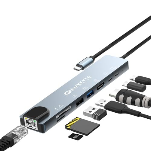 Amkette 8-in-1 Type C Hub/Docking Station with HDMI 60Hz,Data Transfer Multiport Adapter, 100W Power Delivery 4K HDMI,USB 3.0,100MBPS Ethernet,SD/TF Card Reader,for All Type C Devices-MacBook,Laptop