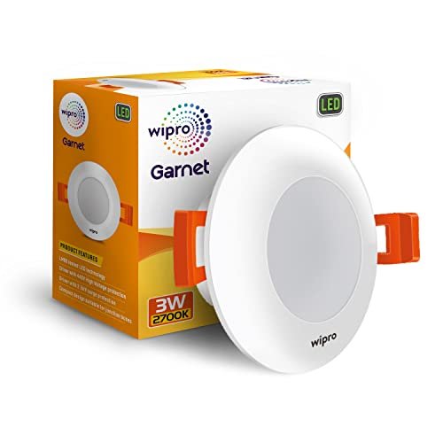 wipro Garnet 3W Led Mini Downlight for Home & Cabinet| Warm White (2700K) | Compact Design with 120° Beam Angle | Recessed Down Light for False Ceiling | Cutout-2.3 Inch | Pack of 1