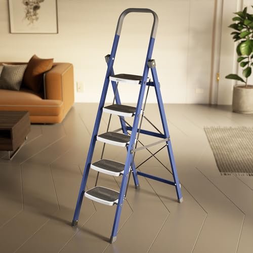 Amazon Basics Super Clamber – Non-Trip and Flat-Foldable Step Ladder, with Anti-Skid Steps, 5 Steps (Steel, Blue & White)
