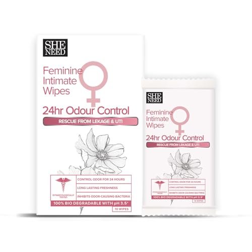 SheNeed Feminine Intimate 24hr Odour control wipes – 10 wipes |Rescue from leakage & UTI| Refreshing Cleansing |pH Balance |Natural & Vegan | Paraben & Sulphate Free|clinically proven| Gynac approved | Travel Friendly
