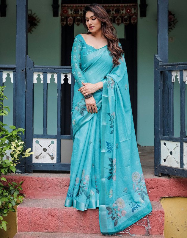 Samah Printed Bollywood Linen Saree(Blue)