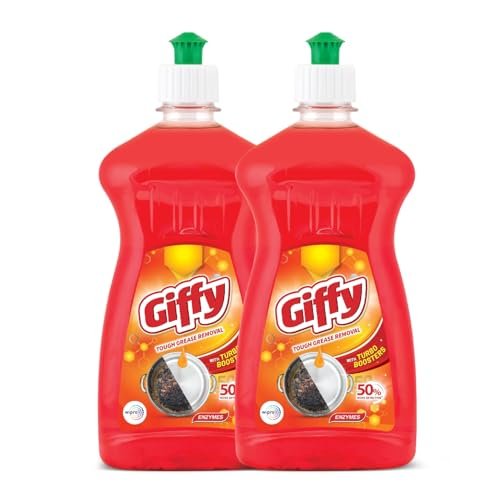 Giffy Liquid Dishwash Gel 500ml (Pack of 2) | Enzymes | 50% More Effective | Tough Grease Removal Expert | Turbo Boosters | Mild fragrance | Removes Tough Malodour | Hand-Safe