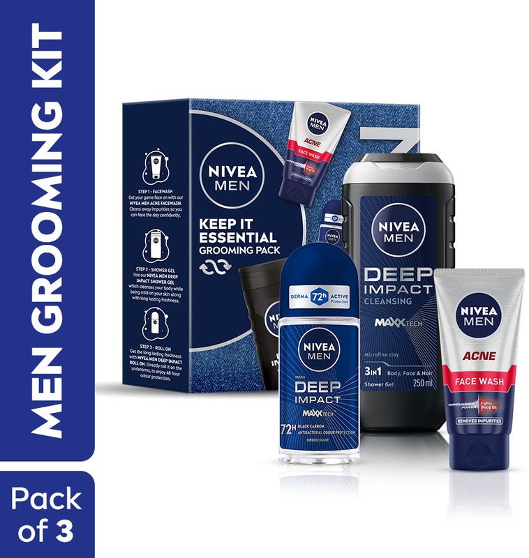 Nivea Men Combo, Gift Hamper for Men, With Body Wash, Face Wash & Roll On, Cleanser Deo Deodorant Roll-on  –  For Men(350 ml, Pack of 3)