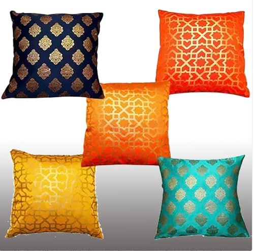 VIREO Jaipur Silk Multicolour 12×12 inch Cushion Cover Set of 5 pcs- 026