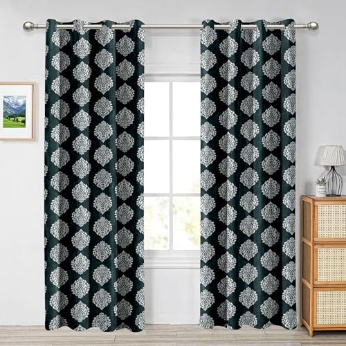 Cortina Polyester 150GSM – Long Crushed Emboss Floral Printed Light-Filtering (60-70% Room Darkening) Curtains for Bedroom, Office, Living Room & Hallway (Pack of 2,) (Navy Blue, 7FT)