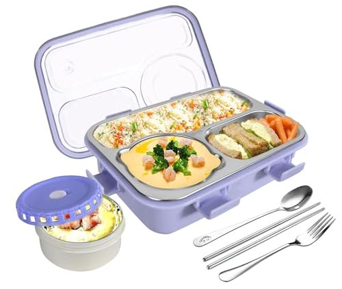 Storescent Lunch Box 3 Compartment Leak-Proof BPA Free Stainless Steel, Lunch Box for Kids, Lunch Box for School & Office with a Fork, a Spoon and a Pair of Chopsticks, 750 ml (Purple)