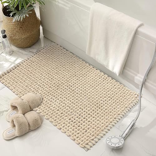 SANMARINO Non Slip Chenille Bath Mat, Extra Soft Bathroom Mat, Super Absorbent Fluffy Bath Mats for Bathroom, Machine-Washable Quick Dry Bath Rug Foot Mat, 16″x24″, Beige