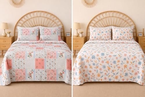 BSB HOME 2 Bedsheet Combo Set with 4 Pillow Covers – Premium Cotton Glace Cotton Printed Double Bedsheets, 2 Elegant Colors, Soft Breathable Luxury Bedding Set – Pink & Off White