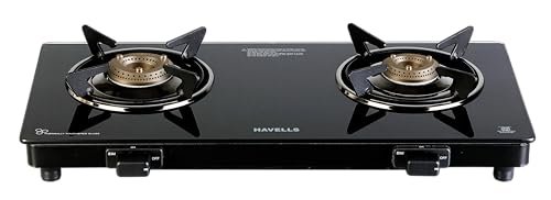 Havells Calore Gas stove |2 Heavy Duty Forged Brass Burner|6 mm Toughened Glass|Premium Valves|Removable Drip Tray|Soft Touch Knobs|5 year Warranty on Burners, Glass & Valves by Havells (Black)