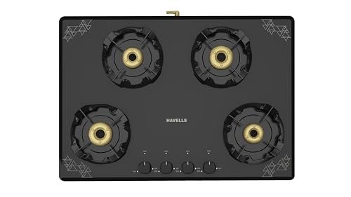 Havells Nucleus Slim Gas stove |4 Heavy Duty Forged Brass Burner|8 mm Toughened Glass|Premium Valves|Removable Drip Tray|Soft Touch Knobs|5 year Warranty on Burners, Glass & Valves by Havells (Black)