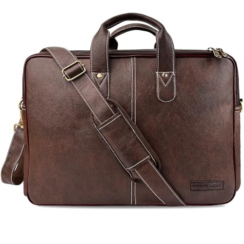 Amazon Basics Men’s Synthetic Leather Office Laptop Bag | Fits Up to 14/15.6/16 Inch Laptop/MacBook | Adjustable Handle | Shoulder Strap | (Tan)