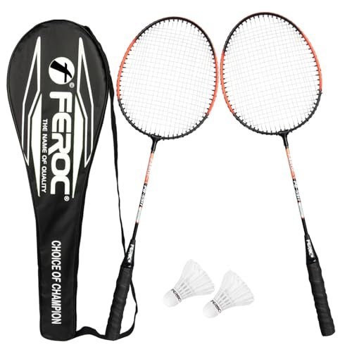 FEROC 2 Pieces Aluminium Badminton Racket with 3 Pieces Feather Shuttles with Full-Cover Set,Aluminum, Multicolor (Orange)