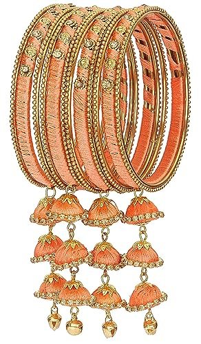 NMII Metal & Silk Thread Jhumka Zircon Latkan Stylish Bangles Set For Women’s and Girls | Women’s Fancy Latkan Bangles Set | Ethnic Fashion Jewellery- Set of 12 Bangle, (G405_Peach-(1)-2.6)