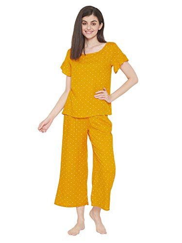 Clovia Women’s Rayon Polka Print Top & Pajama Set (Ls0534P07_Yellow_XL)