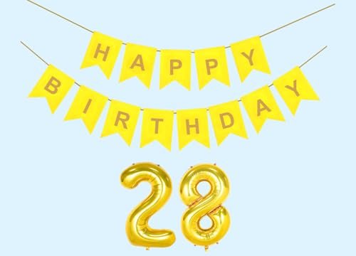 Mystic Toy Store 28th Happy Birthday Decoration Kit Yellow for 28 year Old Boys Girls Women with Number Twenty-eight Party Decorations Decor Celebration Items Item Set Combo Reusable Paper Banner