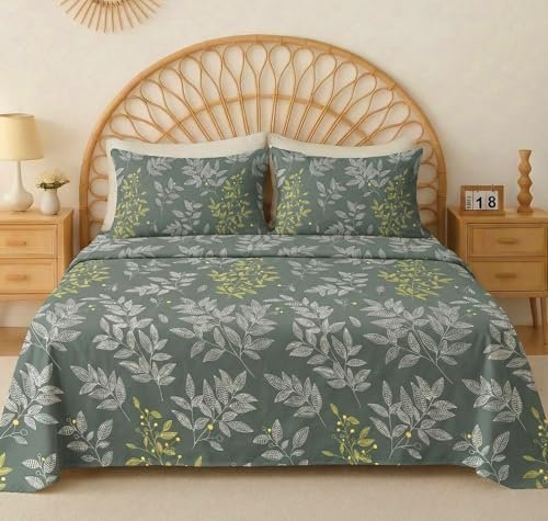 VAS COLLECTIONS Cloud Cotton Double Bedsheet 210 TC | Soft & Breathable Cotton Bedding Set with 2 Pillow Covers | Elegant Floral Printed Bed Sheet for Bedroom & Home | 90 x 100 Inches (Botanical Sage)