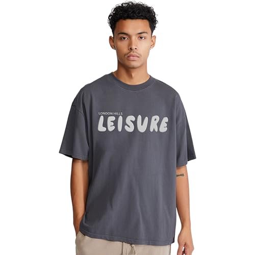 London Hills Men’s Casual Printed Round Neck, Oversized Style T-Shirt Charcoal.