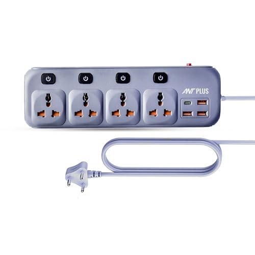 Ant Plus Electric PS431 Power Strip Individual Power Switch,10ft Universal Extension Cord 4 AC Outlets 3USB 1Type C PD Port, Max 2500W, 220-250v, Multiple Outlet Extender for Home Office Store_ Grey