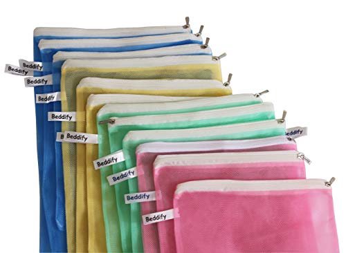 Beddify Set of 9 Reusable Fridge Storage Bags for Vegetables and Fruits with Zipper Dual Layer Mesh Net Multipurpose Multi-Size Kitchen Storage Bags Organizer (Multi-Color)