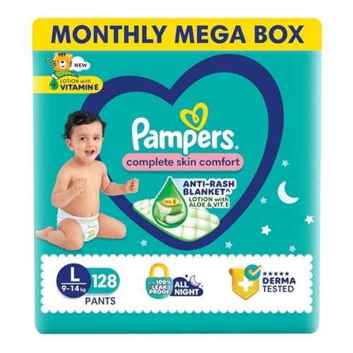 Pampers Complete Skin Comfort | Pant Style Diaper Large, 128 Count| Anti Rash with 100% protection from leakage upto 12 hrs
