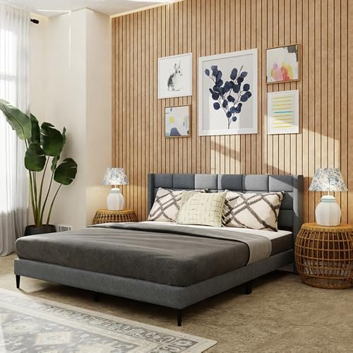 Royaloak Willow Upholstered King Bed | Solid Wood Upholstery Head Board King Bed Linen Upholstery | Fabric | Modern Design King Size Bed | Strong & Durable Bed King Size | Wooden Bed King Size