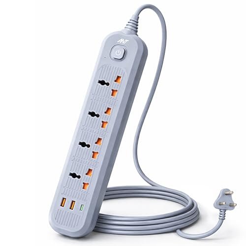 Ant PS421 Power Strip,10ft Universal Extension Cord 4 AC Outlets 2USB 1 Type C PD Ports, Flat Plug, Max 2500W, 220-250 Volts, Multiple Outlet Extender for Home Office Store_ Grey