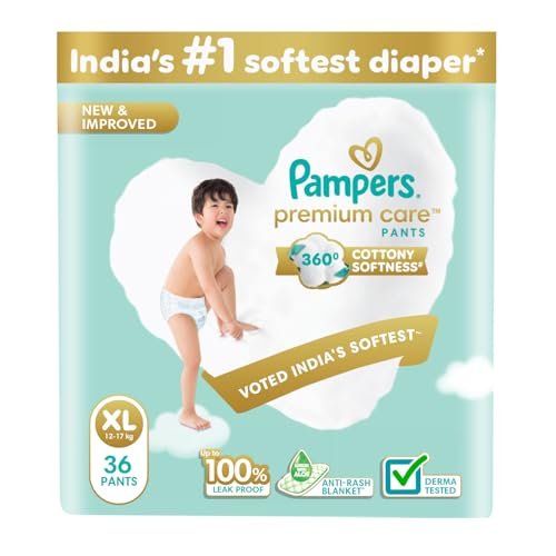 Pampers Premium Care Pant Style Baby Diapers | Extra-Large (XL size) | 36 Count | Voted India’s Softest | All-in-1 with 360 Cottony Softness Diapers | 12-17kg