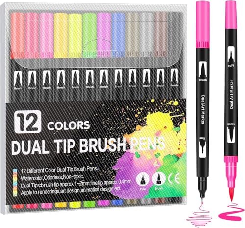 Corslet 12 Pcs Dual Tip Brush Pens Felt Tip Pen Set 12 Colors, Colouring Pens Art Markers for Kids and Adults, Colouring Book, Art Supplies Fineliner Tip Brush Marker for Drawing Sketching
