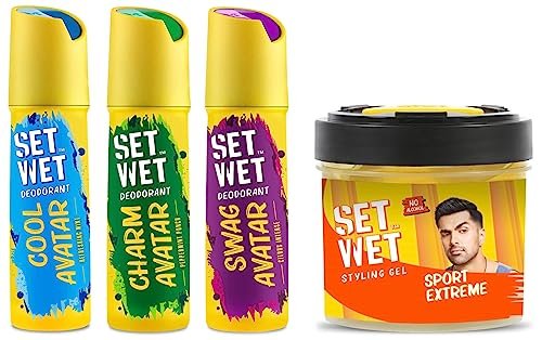 Set Wet Deodorant Spray Perfume, 150ml (Cool, Charm and Swag Avatar Pack of 3) and Hair Gel Ultimate Hold, 250ml for Men