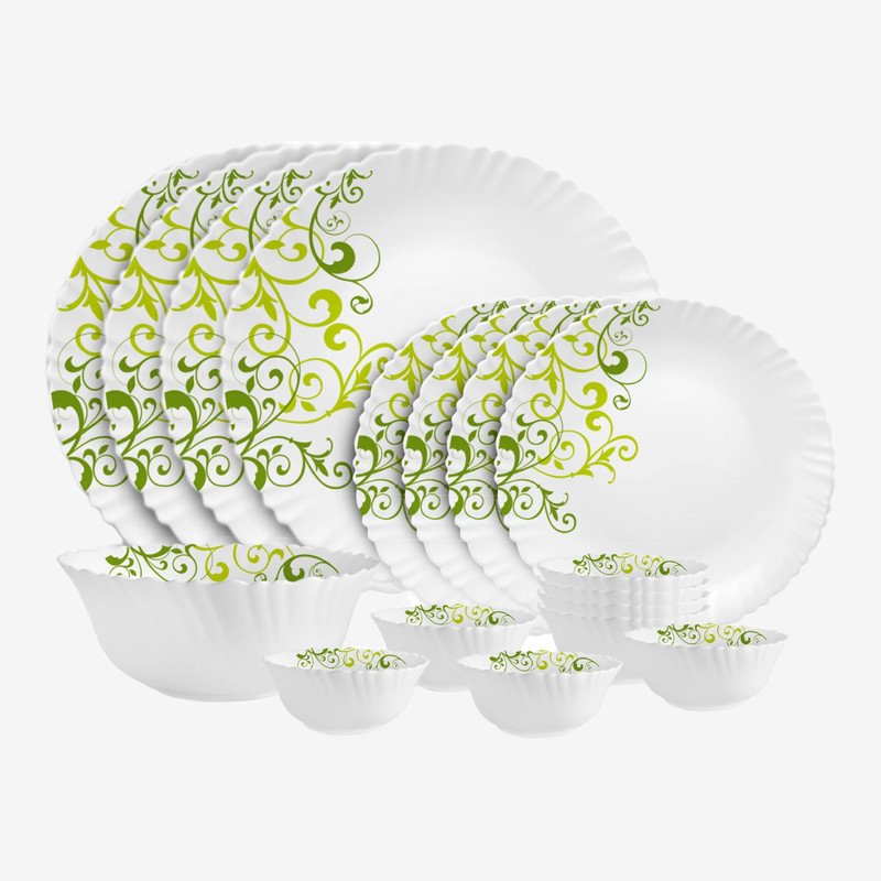 cello Pack of 17 Opalware Dazzle Opalware Oleander Dinner Set | Crockery Set | Green Dinner Set(Green, Microwave Safe)