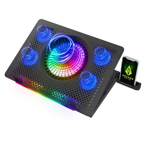 Archer Tech Lab Cooling Pad Stand for Gaming Laptop with RGB Lighting, 5 Turbo Cooler Fans, 5 Adjustable Angles, Aluminum Metal Grid, Phone Holder, Supports upto 17″ Laptop for Gaming Work(Squall 200)