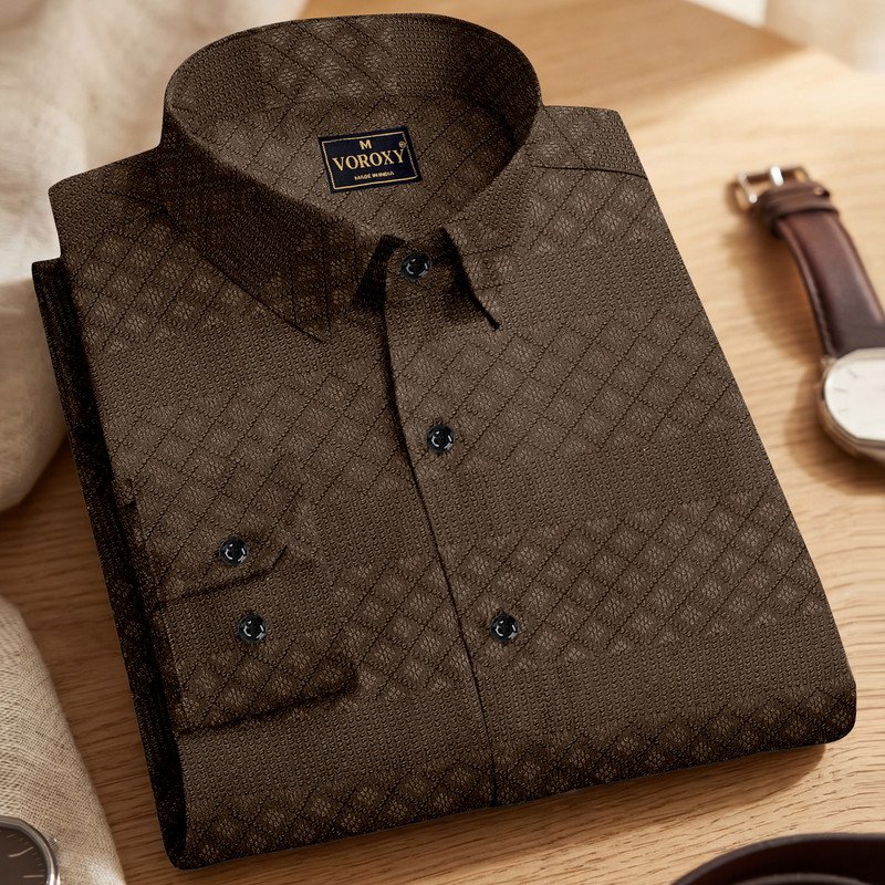 Voroxy Men Self Design Casual Brown Shirt