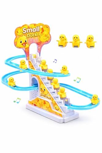 TEC TAVAKKAL Slide Toy Race Duck Track Set, Funny Automatic Stair-Climbing Ducklings Cartoon Roller Coaster Escalator Toy with Flashing Lights & Music