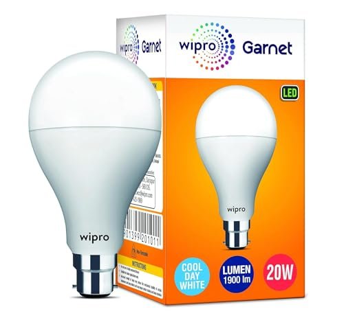Wipro Garnet 20W LED Bulb for Home & Office |Cool Day White (6500K) | B22 Base|220 degree Light coverage |4Kv Surge Protection |400V High Voltage Protection |Energy Efficient | Pack of 1