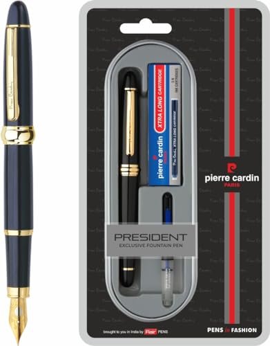 Pierre Cardin President Premium Fountain Pen | Luxurious Black Lacquer Finish Body with Golden Trims & Nib | Free Ink Converter & Cartridges | Ideal for Festive & Corporate Gifting