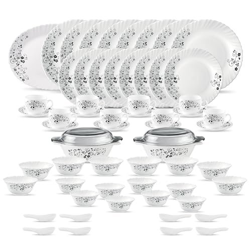 La Opala Diva Classique Collection Opal Glass Crockery | for Family of 8 | Dinner Set 61 pcs Mystrio Black | Plates & Bowls for Dining | Microwave Safe | 100% Vegetarian | Extra Strong | White