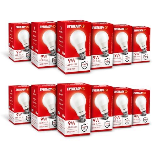 Eveready 9W LED Bulb, Cool Day Light (6500K), B22 Base, Energy-Efficient, 4kV Surge Protection, Long-Lasting Durability – Pack of 12