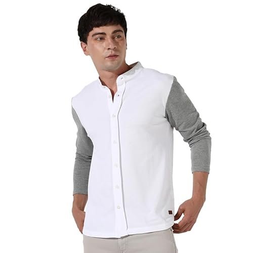 Campus Sutra Men’s White & Grey Colourblocked Button Up Regular Fit Regular Fit Shirt for Casual Wear | Cotton Shirt Crafted with Regular Sleeve, Comfort Fit & High-Performance for Everyday Wear